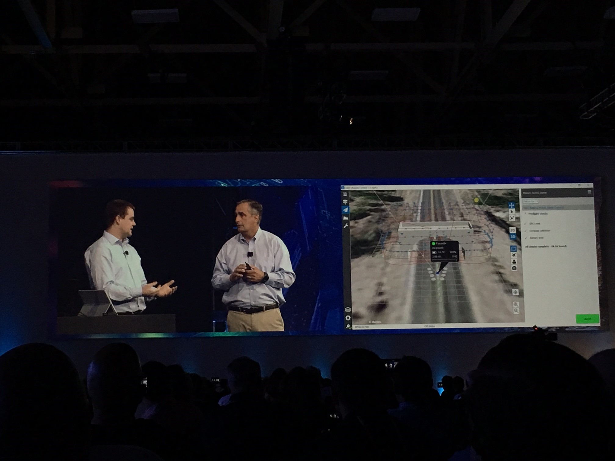 Intel CEO, Brian Krzanich (right) and Mission Control interface to plan Intel Falcon 8+ flight route and inspection image capturing